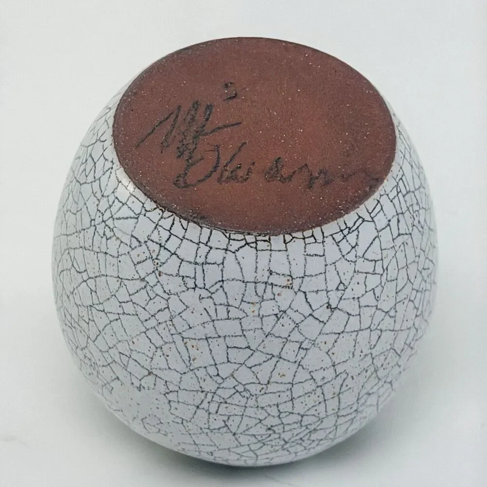 Signed Studio Pottery Crackle Glaze Flower Frog Gray Spherical Ikebana
